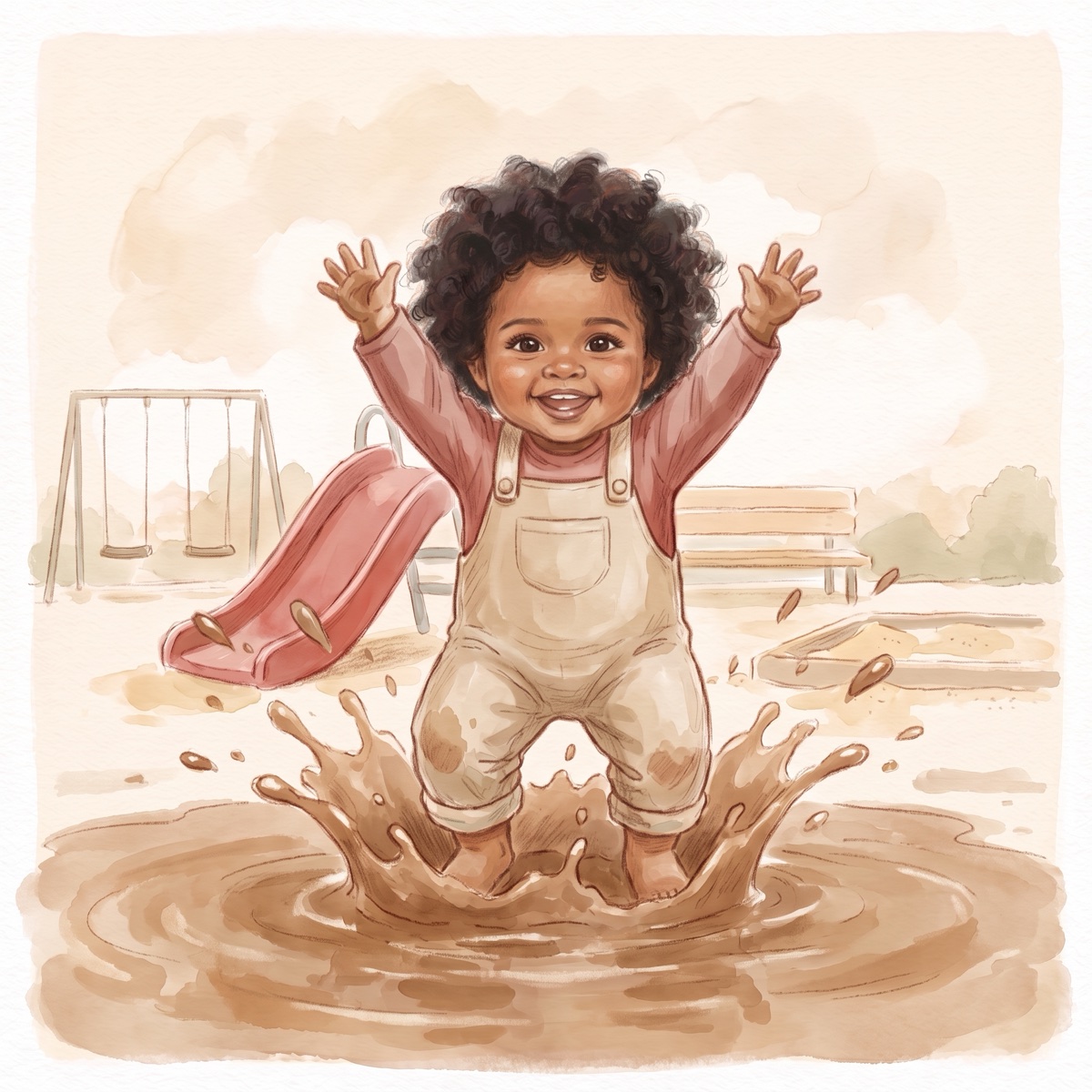 The same toddler painted in watercolor, leaping into a mud puddle with both arms up