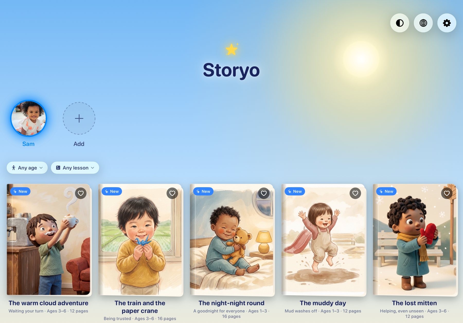 The Storyo library on an iPad: a shelf of picture-book covers under a blue sky